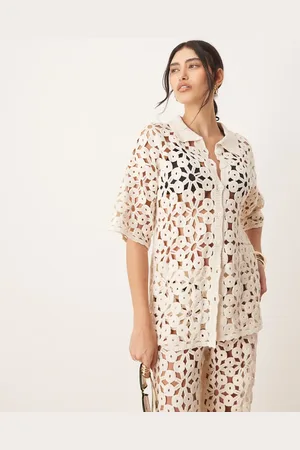 ASOS Knitted crochet patchwork shirt co-ord in cream