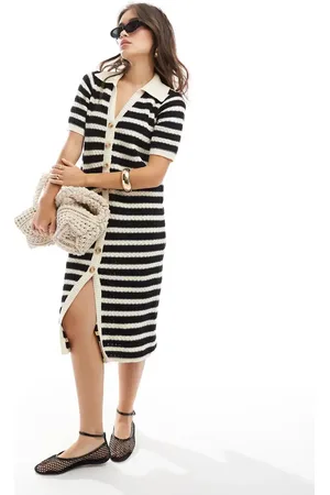 Y.A.S Crochet midi dress in black stripe