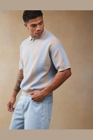 ASOS Relaxed boxy fit lightweight textured knitted polo in stone stripe