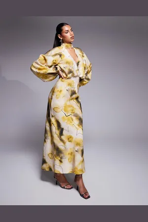 ASOS High neck plunge maxi dress with blouson sleeves in green abstract print