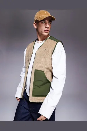 Ralph Lauren Icon logo sherpa borg gilet in khaki tan/green