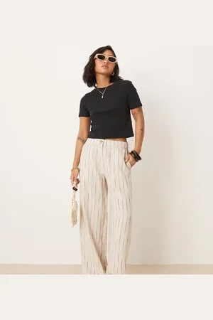 ASOS Petite relaxed straight leg trousers with linen in natural squiggle stripe