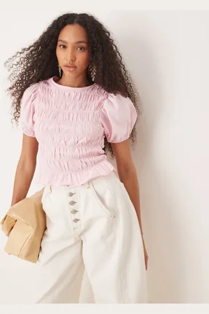 ASOS Cotton shirred top with frill peplum and puff sleeve in baby