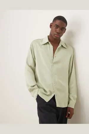 ASOS 70s collar slim fit satin shirt in khaki