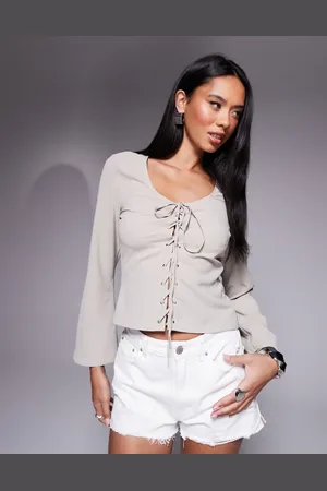ASOS Lace up front long sleeve top in taupe