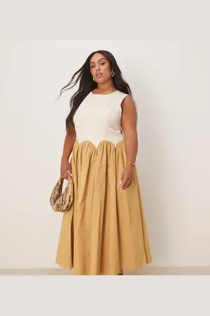 Never Fully Dressed Contrast drop hem midaxi dress in camel