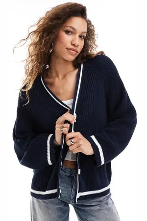 Monki Cable knit boxy button front cardigan in stripe