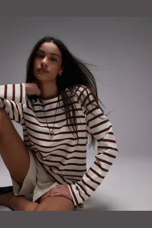 MANGO Brown stripe crew neck textured sweatshirt in