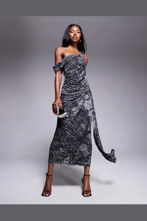 ASOS Mesh asymmetric off shoulder midi dress with hitched drape sash in floral abstract print