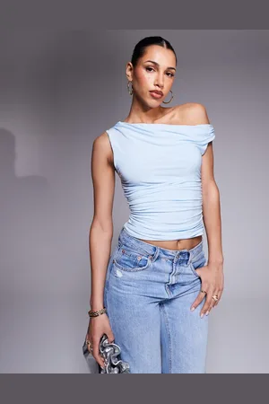 Missyempire Exclusive double layered slinky off shoulder top in baby