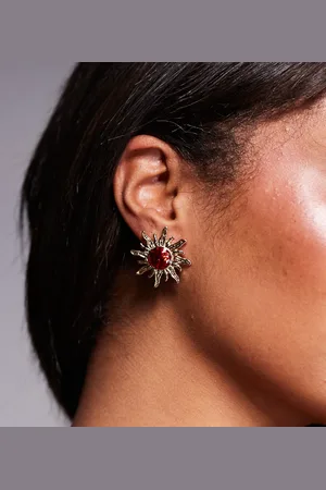 8 Other Reasons 18ct plated sun stud earrings with red stone
