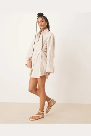 ASOS Shirt mini dress cinched waist button detail in sand stripe