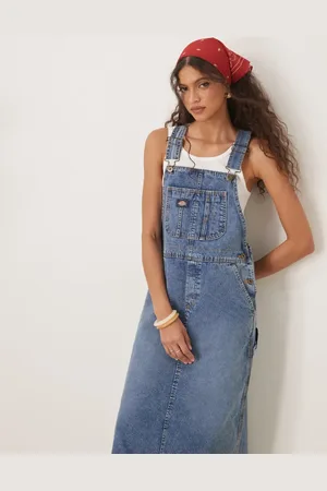 Dickies Long overall denim dungaree dress in rinsed with fade