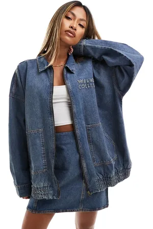 ASOS Weekend Collective denim bomber jacket with logo in mid wash