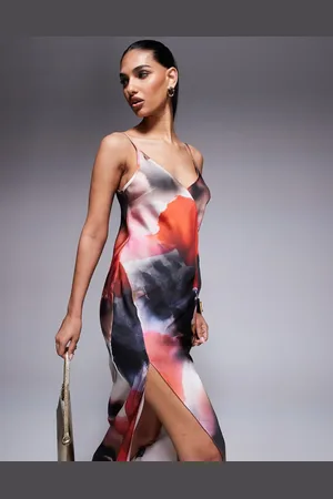 ASOS Satin v neck seam detail split midaxi dress in dark abstract print