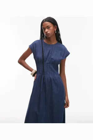 ARKET Lightweight denim midi dress with pleated bodice in mid wash