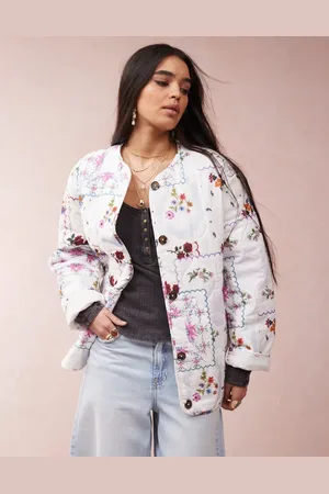 ASOS Dolphin hem collarless quilted jacket in handkerchief print