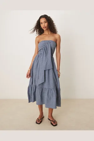 Glamorous Shirred waist maxi dress with tie front bow in check