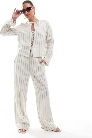 Pieces® Linen touch high waist wide leg trouser co-ord in birch cream and stripe