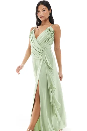 TFNC Bridesmaid wrap front chiffon maxi dress with frill detail and split in sage