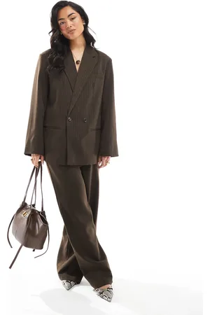Pieces® Wide leg tailored trousers co-ord in chocolate pinstripe