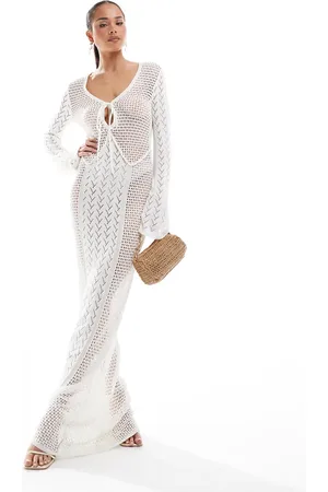 4th & Reckless Crochet flared sleeve keyhole detail maxi beach dress in cream