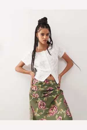 Reclaimed Textured jersey split front short sleeve top in