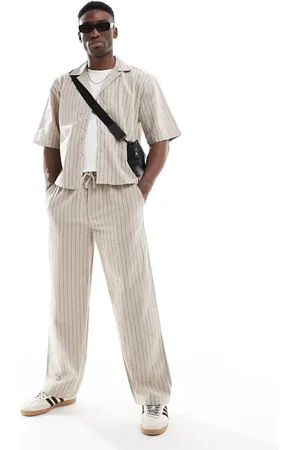 Only & Sons Loose fit linen trouser co-ord in beige pinstripe