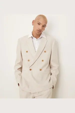 ASOS Double breasted regular linen blend suit jacket in natural beige