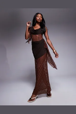 ASOS Cowl draped maxi dress with sheer and solid lace layering in chocolate