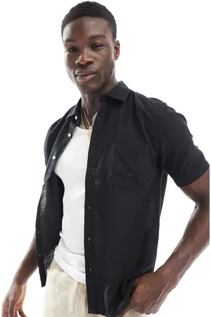 Only & Sons Short sleeve regular fit linen mix shirt in black