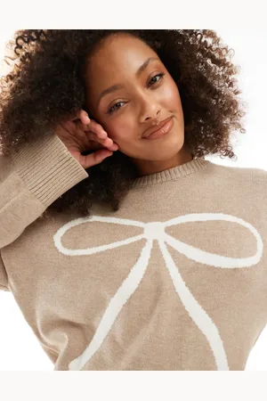 Cotton On Cotton On luxe crew pullover knitted jumper in cream with bow intarsia