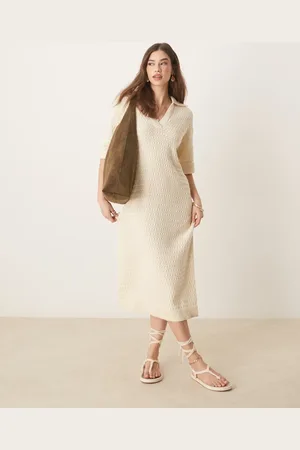 Y.A.S Knitted polo neck short sleeve midi dress in birch cream