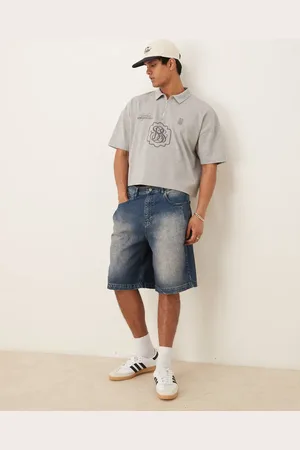 ASOS Long length denim jorts with pleat pocket in mid wash