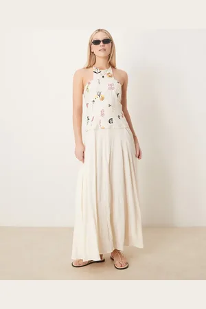 ASOS Twill folk embroidered hybrid maxi dress in stone