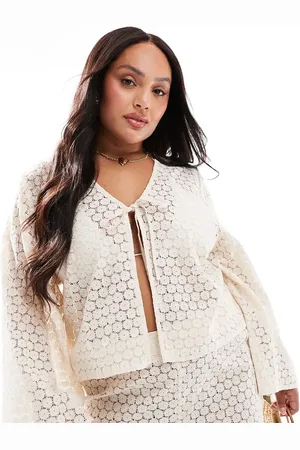 Esmée Exclusive crochet long sleeve tie front beach shirt co-ord in cream