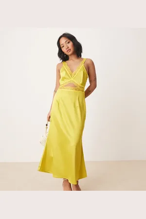 Never Fully Dressed Petite Mimi lace cut-out satin midaxi dress in olive