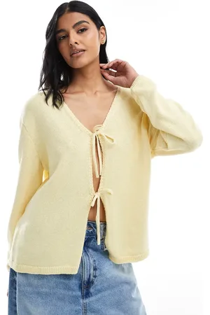ASOS V neck knitted oversized tie front cardigan in buttermilk