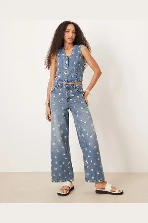 MANGO Massy daisy embroidered straight leg co-ord jeans in