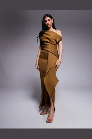 ASOS Scuba fallen shoulder manipulated fold midi dress in bronze