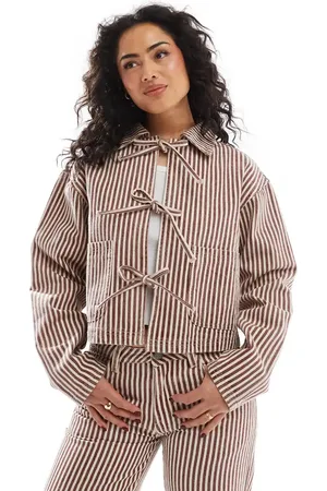 Daisy Street Bow tie front denim jacket in and ecru stripe co-ord