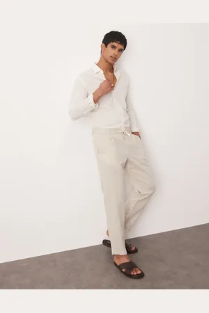 MANGO Adjustable waist linen mix trousers in beige