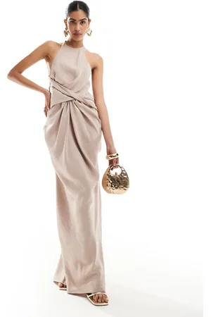 ASOS Textured racer neck maxi dress with twist waist detail in stone