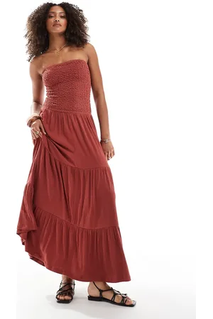 ASOS Crinkle bandeau shirred bodice tiered maxi dress in rust