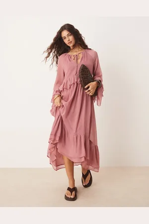 New Look Ruffle hem chiffon long sleeve maxi dress in