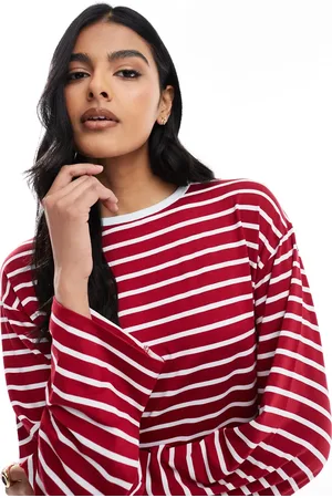 ASOS Long sleeve stripe contrast neck trim top in red