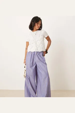 ASOS Petite shirred waist trousers in blue and red stripe