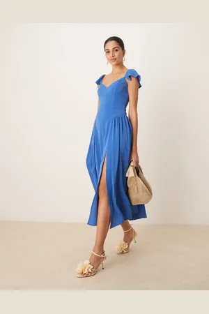 Abercrombie & Fitch Flutter sleeve dipped waist maxi dress in blue