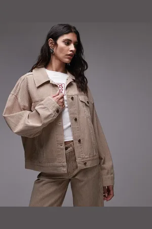 Topshop Balloon denim jacket in tan stripe