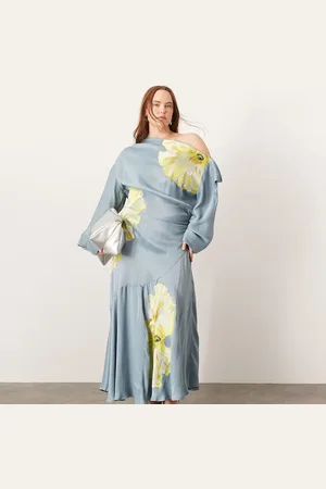 ASOS Curve satin embroidered drape one shoulder midi dress in